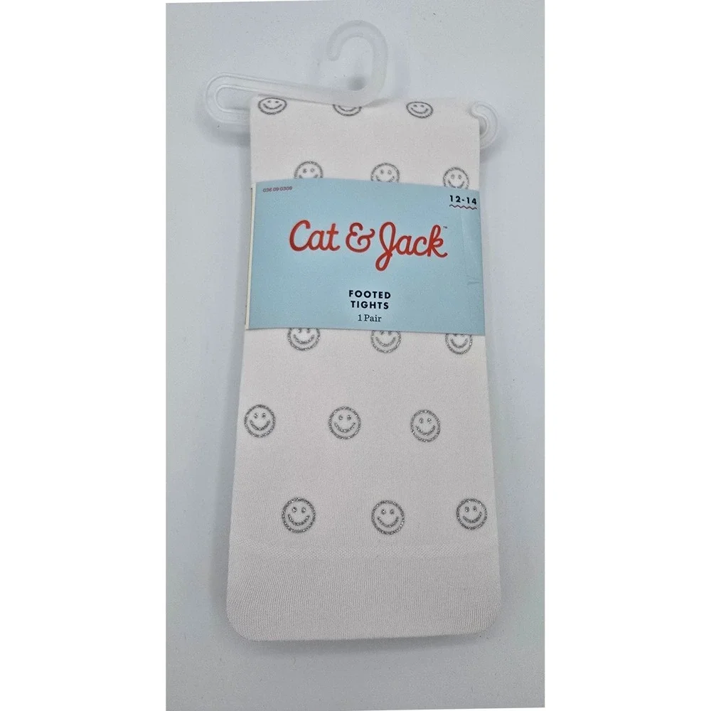 Cat & Jack Girls White Silver Glitter Smiley Face Footed Tights Size 12-14‎